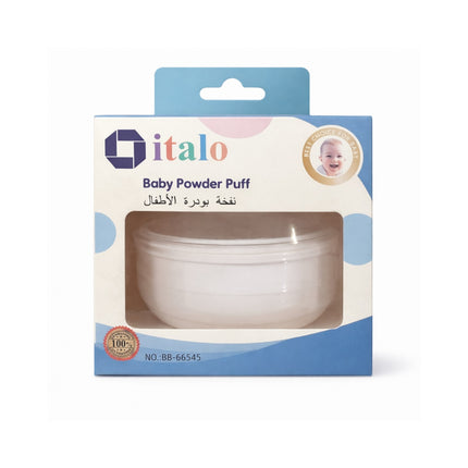 Package of italo baby powder puff with blue and white design