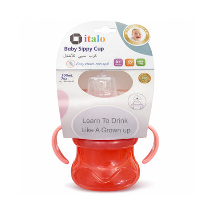 Red baby sippy cup with packaging on a white background