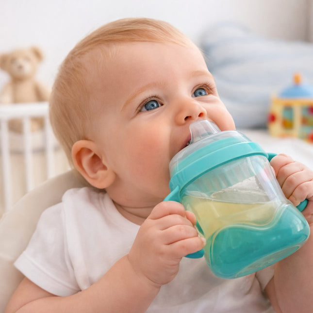 Baby holding a blue sippy cup in a nursery setting