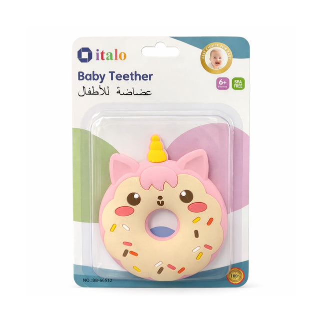 Baby teether with unicorn design in packaging on a white background