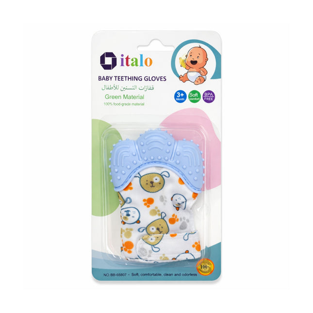 Packaging of baby teething gloves with cartoon designs on a white background