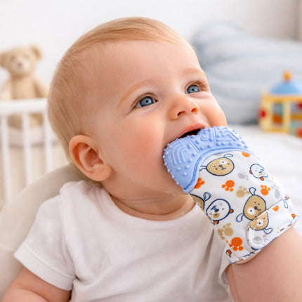 Baby wearing a blue and white teething band with cartoon designs, sitting in a crib.