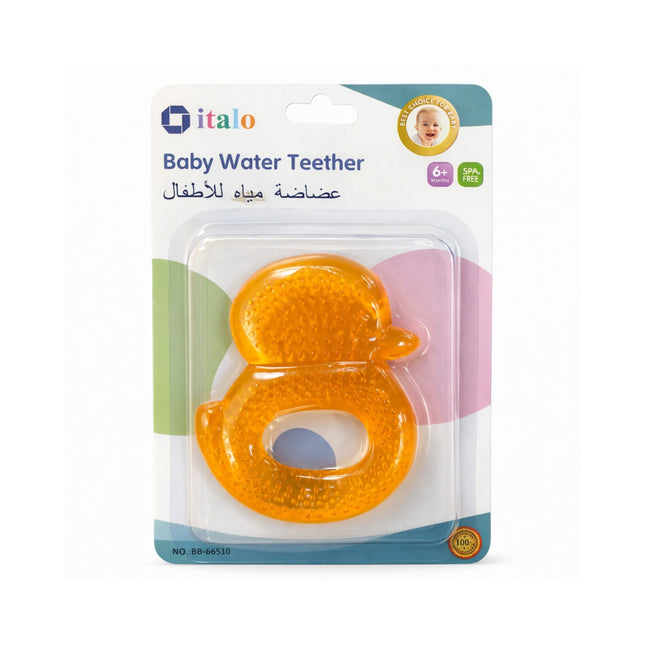Orange baby water teether in packaging with 'italo' branding on a white background