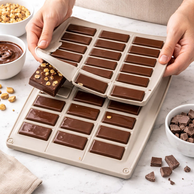 Chocolate bars being removed from a mold with ingredients around on a light surface