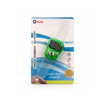 Green hand tally counter with packaging on a white background