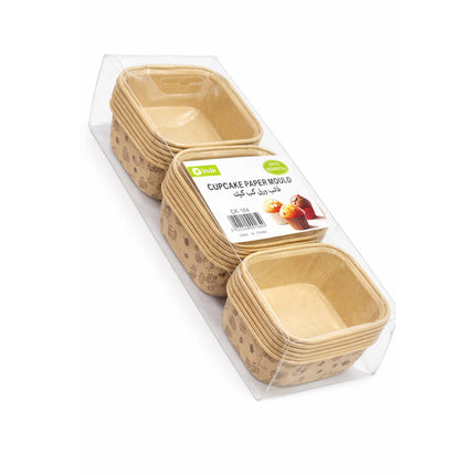 Packaged cupcake paper molds with a clear plastic cover on a white background