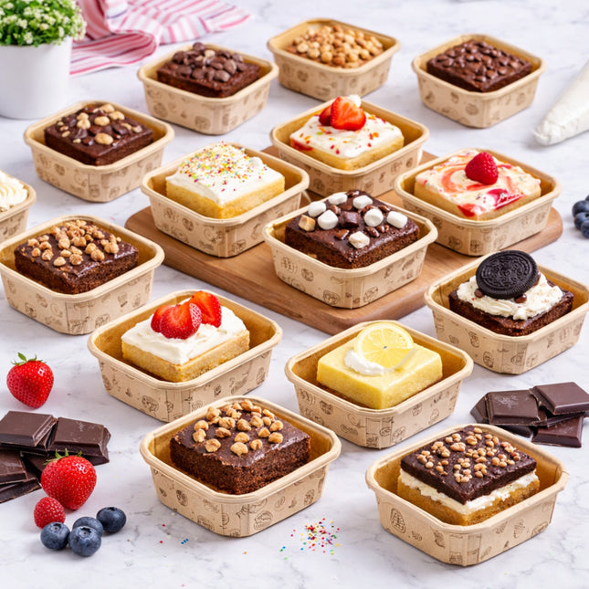 Assorted small desserts in square containers on a marble surface with berries and chocolate.