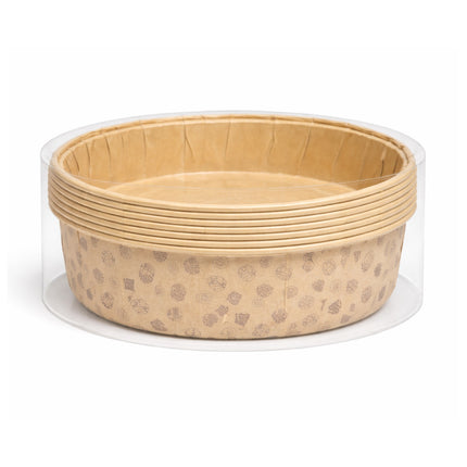 Stack of round paper trays with a clear lid on a white background