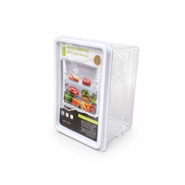 Clear plastic container with fresh produce illustration on a white background