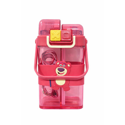 Pink water bottle with cartoon character on a white background