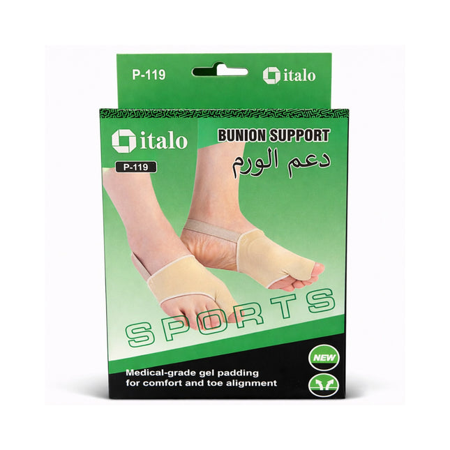 Italo bunion support packaging with a green background