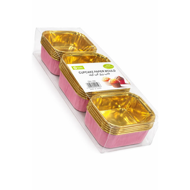 Packaged gold cupcake paper moulds with pink bases on a white background