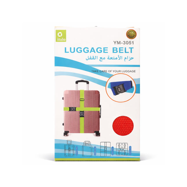 Luggage belt packaging with a suitcase and belt illustration on a white background