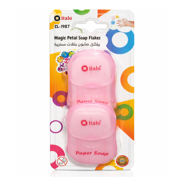 Pink paper soap dispenser with colorful packaging featuring the brand 'italo'.