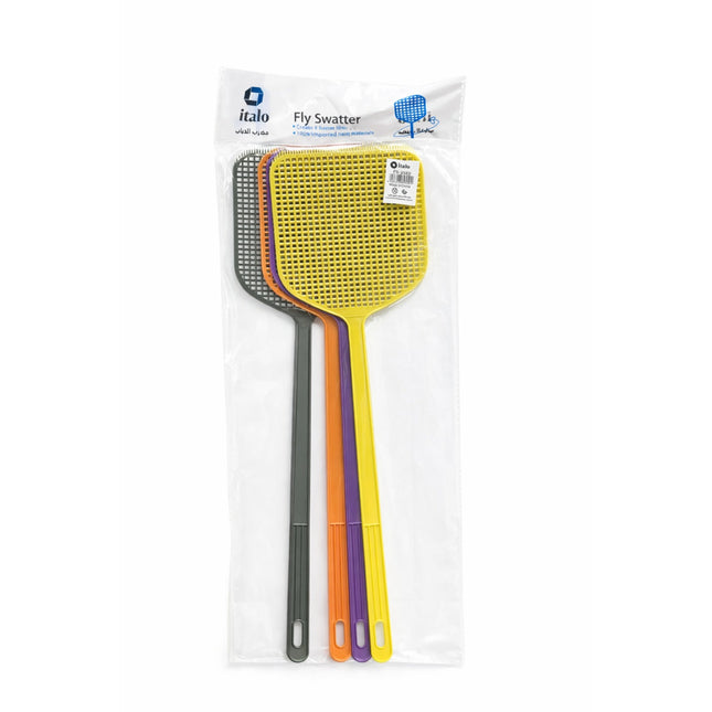 Packaged set of fly swatters with colorful handles on a white background