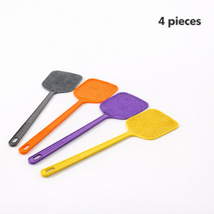 Four fly swatters in gray, orange, purple, and yellow on a white background with '4 pieces' text.