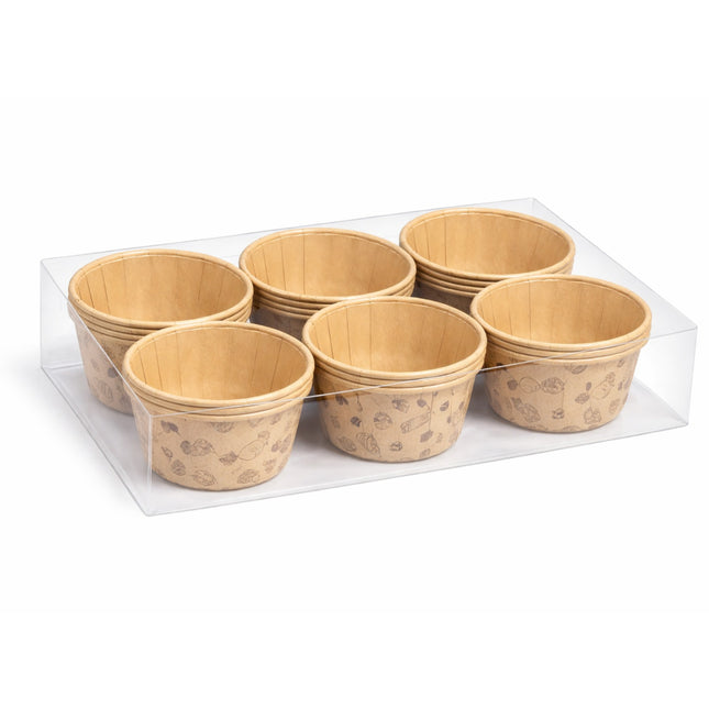 Set of wooden cups with floral patterns on a clear acrylic tray