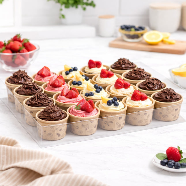 Assorted small desserts on a clear tray with a white background