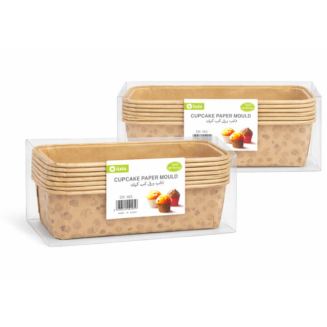 Packaged cupcake paper moulds with visible brand label on a white background