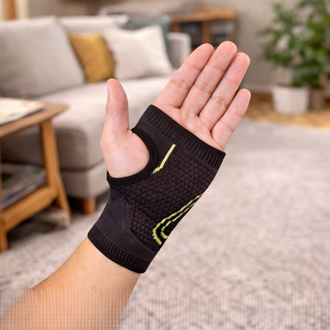 Hand wearing a black wrist support with a blurred living room background