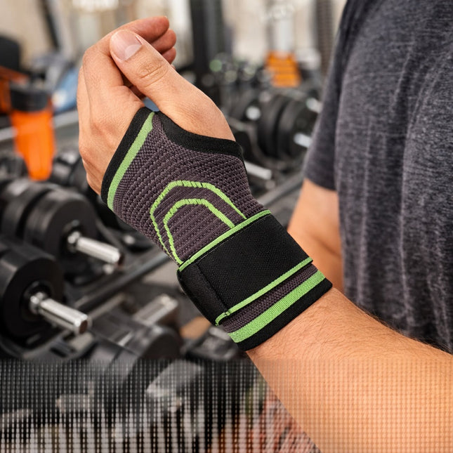 Person wearing a black and green wrist wrap in a gym setting
