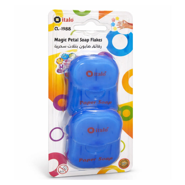 Packaging of italo Magic Petal Soap Flakes with blue containers on a colorful background