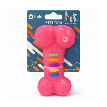 Pink pet toy with colorful textures on a blue 'italo' branded card