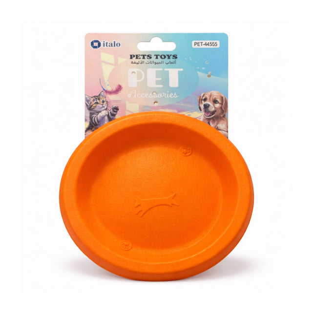 Orange pet toy with 'italo' packaging on a white background