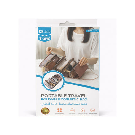 Packaging of a portable travel foldable cosmetic bag with 'italo Travel' branding.
