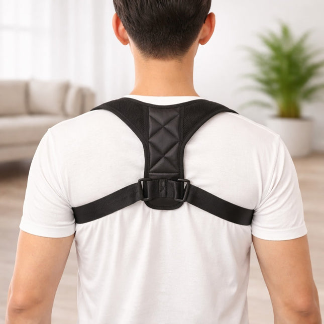 Person wearing a black posture corrector in a living room setting