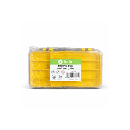 Yellow fishing box with 'italo' branding on a white background
