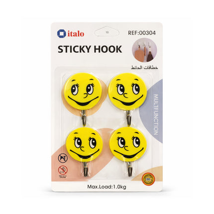 Packaged sticky hooks with smiley face design on a white background
