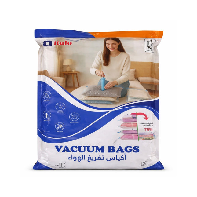 Packaging of italo vacuum bags with a woman using a vacuum cleaner on a white background