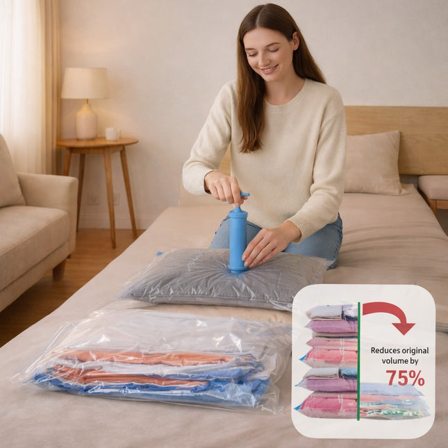 Woman using a vacuum sealer on a pillow and clothes in a bedroom.