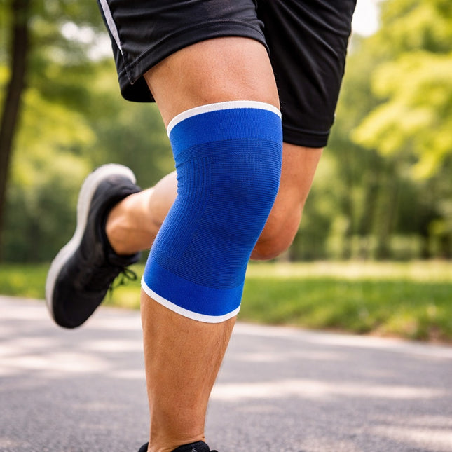 Person running on a road with a blue knee brace on a blurred natural background