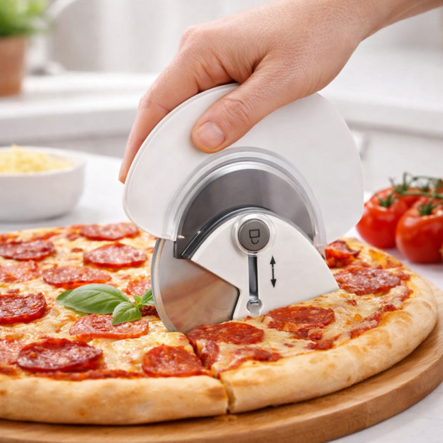 Person using a pizza cutter to slice a pepperoni pizza on a wooden board.