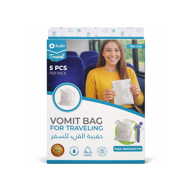Pack of vomit bags for traveling with a woman holding a bag on a bus, branded 'italo Travel'.