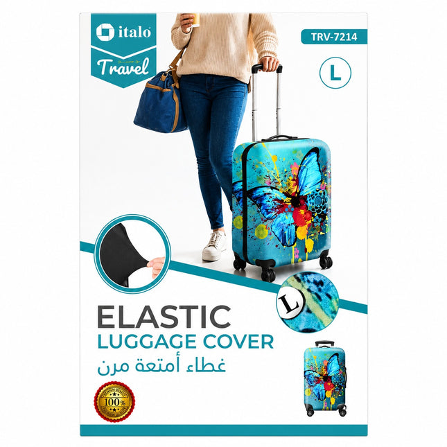A product packaging card for an Italo Travel elastic luggage cover, model TRV-7214, size L. The packaging features a lifestyle photo of a woman carrying a blue duffel bag, alongside a main illustration of a blue butterfly-patterned suitcase and circular inset images demonstrating the elastic black strap and the 'L' size fit.