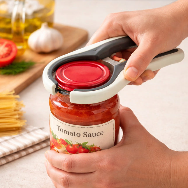 Person using a jar opener on a jar of tomato sauce with kitchen items in the background