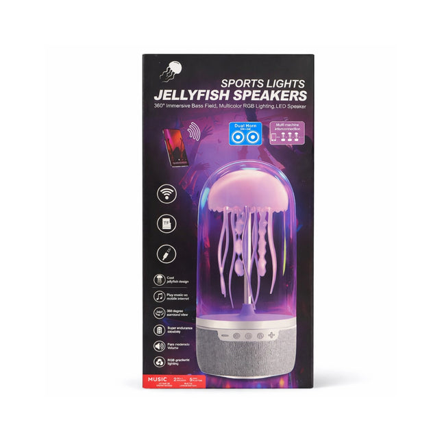 Packaging of Jellyfish Speakers with colorful design on a white background