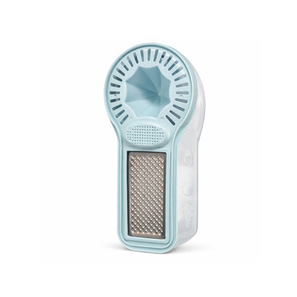 Small handheld grater with a light blue handle and white body on a white background