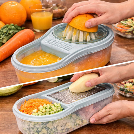 Multifunctional kitchen tool being used to juice an orange and grate a potato on a wooden table.