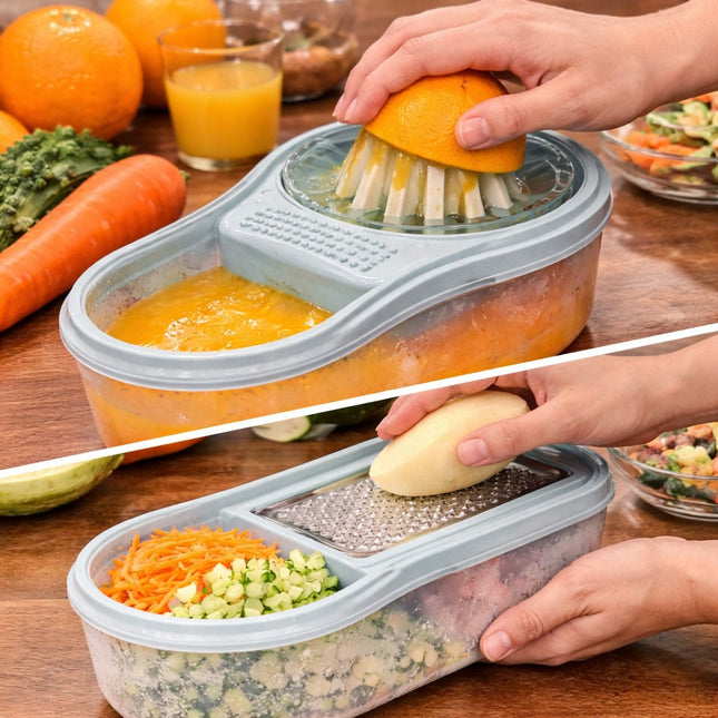Multifunctional kitchen tool being used to juice an orange and grate a potato on a wooden table.