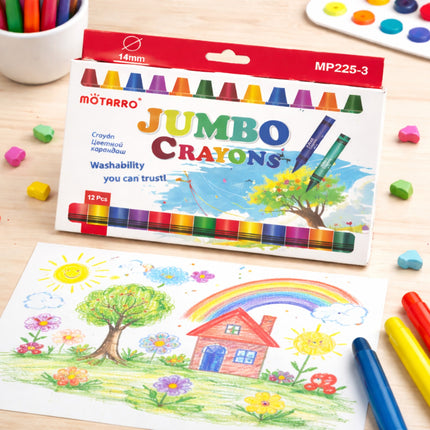 Mоторро jumbo crayons packaging with colorful crayons and a child's drawing on a wooden surface.