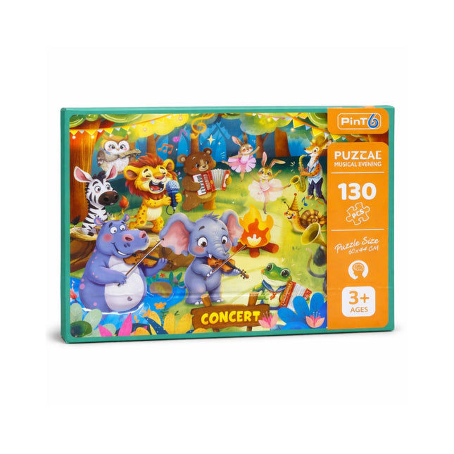 Puzzle box with cartoon animals performing at a concert on a white background