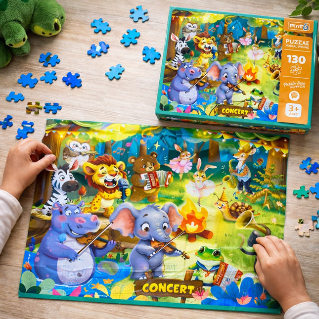 Children playing with a colorful animal-themed puzzle on a wooden table.
