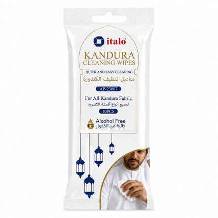 A package of Italo Kandura Cleaning Wipes on a plain white background. The packaging is white with gold and blue text and graphics, including hanging lantern illustrations and a small photo of a man using a wipe.