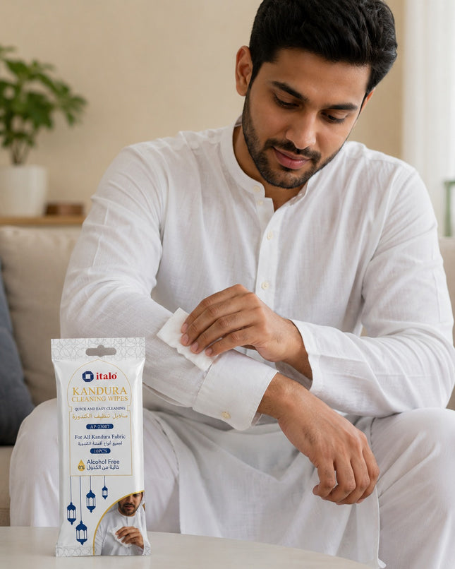 A man in a white kurta sitting indoors applies a wet wipe from a packet of Italo Kandura Classic Wipes to his wrist. The packet is clearly visible in the foreground on a light-colored surface.