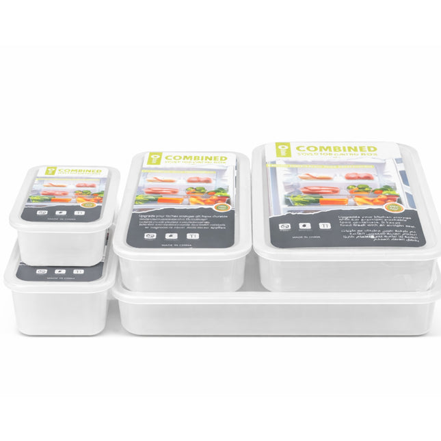 Set of white food containers with labels on a white background