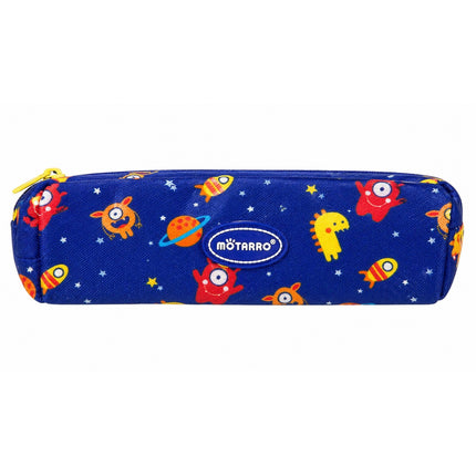 Pencil case with cartoon designs on a blue background
